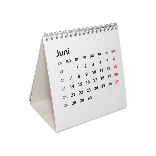 Tischkalender mit Spiralbindung und aufstellbarem Dreiecksfu.