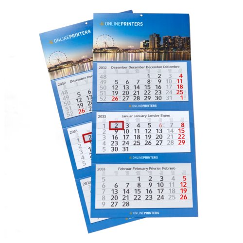 Papier-Monatskalender mit mehreren Blcken und Aufhngeloch.