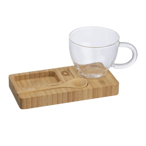 Servierbrett aus Holz mit passender Tasse und Lffel.