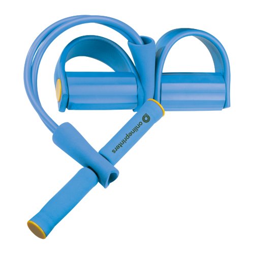 Blauer Fitness-Expander aus Schaumstoff mit Griffen und Fuschlaufen.