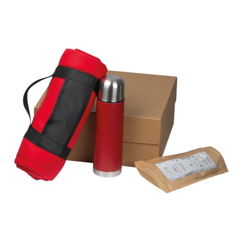 Tee-Geschenkset mit Thermoskanne, Teepackung und Decke.