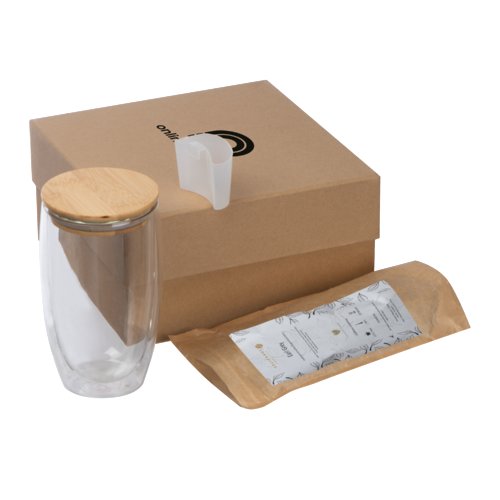 Mehrfarbiges Tee-Geschenkset mit Glas, Bambusdeckel und Zubehr.