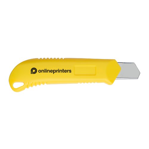 Gelbes Kartonmesser aus Kunststoff mit Metallklinge.