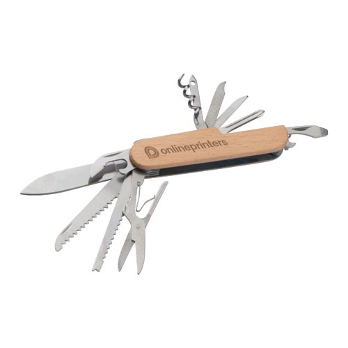 Beiges Holz-Taschenmesser mit diversen Werkzeugen aus Metall.