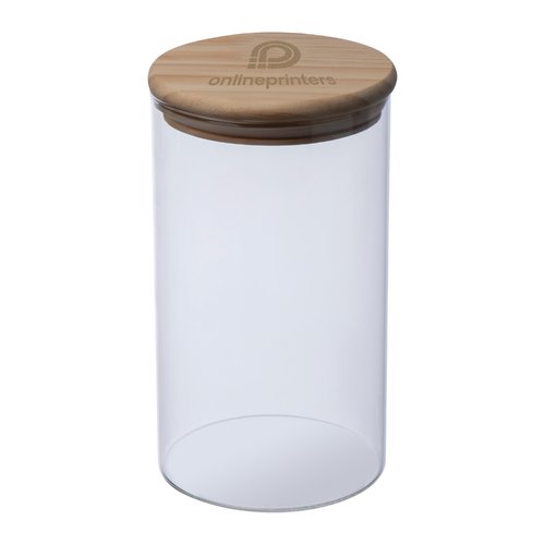 Transparente Vorratsdose aus Glas mit Holzdeckel.