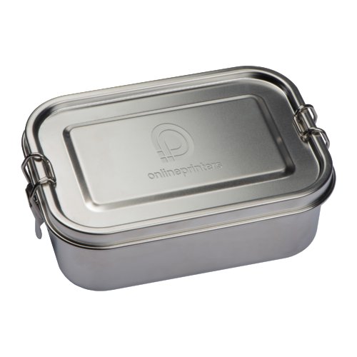 Silberfarbene Lunchbox aus Metall mit Verschlussclips.