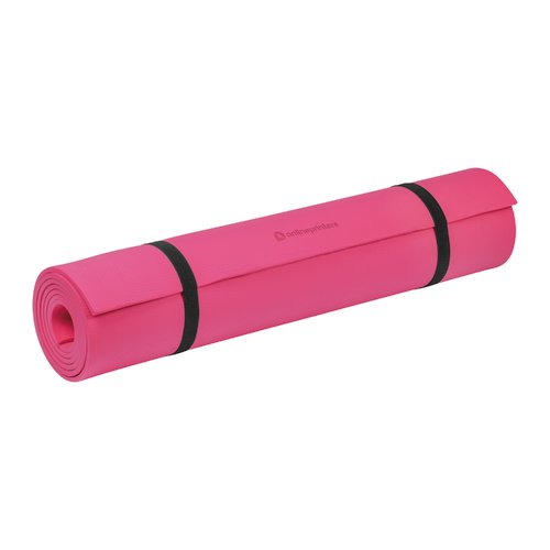 Pinke Yogamatte aus Schaumstoff mit Haltebndern.