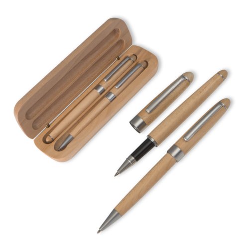 Braunes Holz-Schreibset mit Kugelschreiber, Tintenroller und Etui.