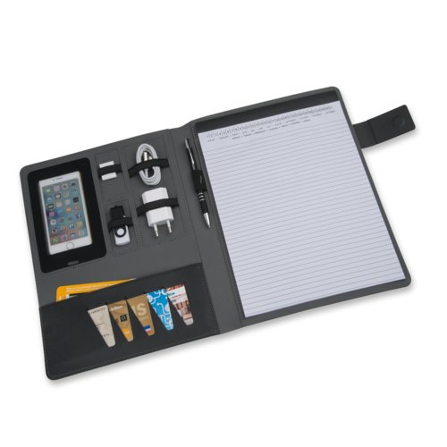 Graue Schreibmappe mit Stifthalter, Kartenfchern und Tabletfach.