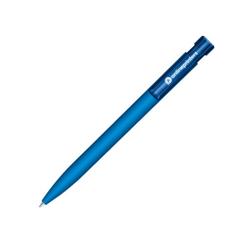 Blauer Kugelschreiber mit weicher Oberfl�che und Druckmechanik.