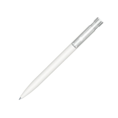 Wei�er Kugelschreiber mit weicher Oberfl�che und Druckknopf.