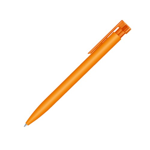 Oranger Kunststoff-Kugelschreiber mit Druckmechanik und Clip.