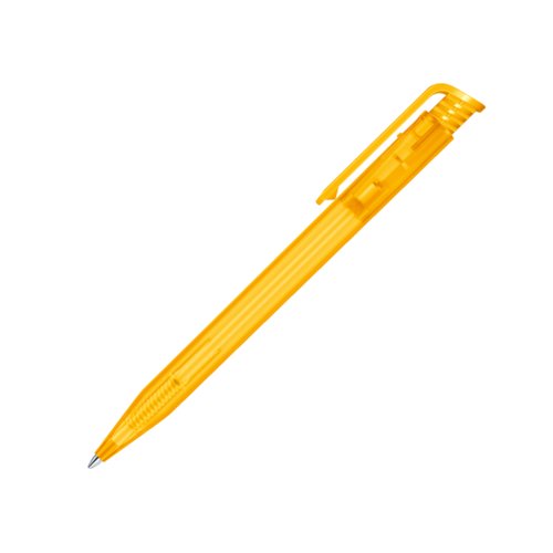 Gelber Kunststoff-Kugelschreiber mit Clip und Druckmechanismus.