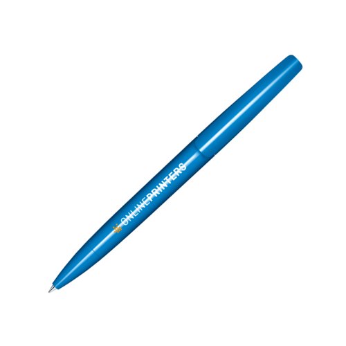 Blauer Kunststoff-Drehkugelschreiber mit polierter Oberfl�che.