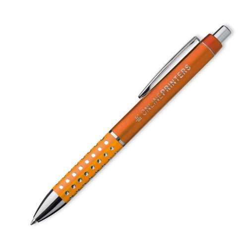 Orangefarbener Kugelschreiber mit Clip und Druckknopf.