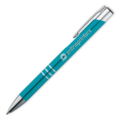 Trkisfarbener Metall-Kugelschreiber mit Clip und Druckknopf.