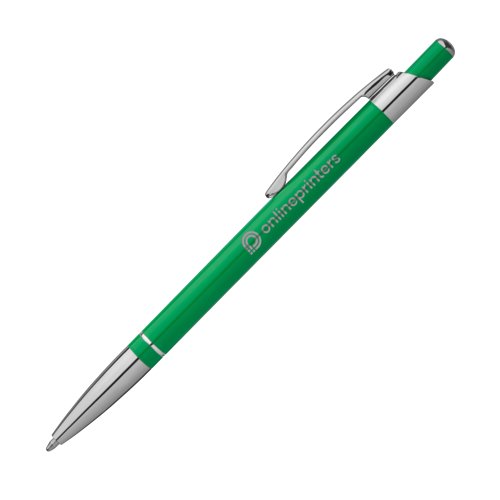 Grner Metall-Kugelschreiber mit Clip und Druckmechanismus.