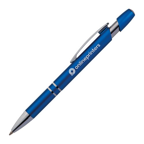 Blauer Metall-Kugelschreiber mit Clip und Druckknopf.