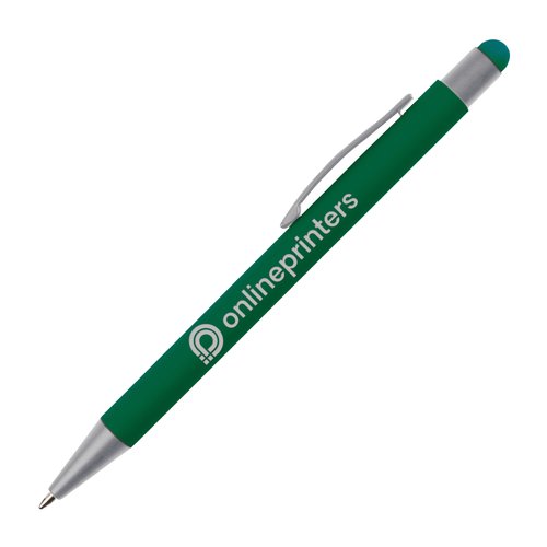Grner Touchpen Kugelschreiber mit Clip und Eingabestiftspitze.