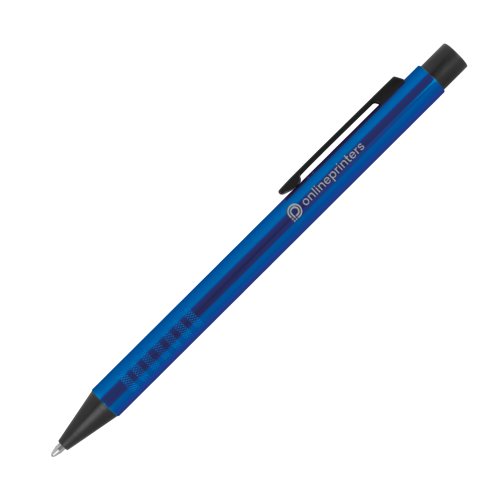 Blauer Metall-Kugelschreiber mit Muster, Clip und Druckmechanismus.
