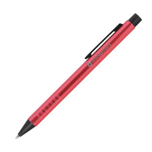 Roter Metall-Kugelschreiber mit Muster, Clip und Druckmechanismus.