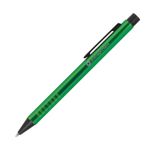 Grner Metall-Kugelschreiber mit Clip und Druckmechanismus.