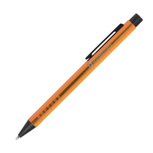 Oranger Metall-Kugelschreiber mit Muster, Clip und Druckmechanismus.