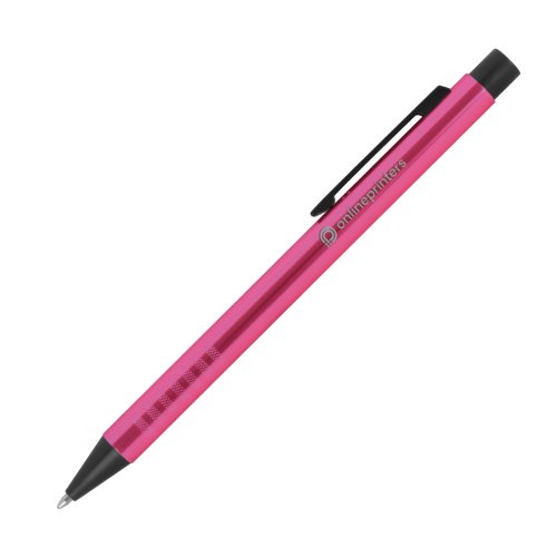 Pinkfarbener Metall-Kugelschreiber mit Muster, Clip und Druckmechanismus.