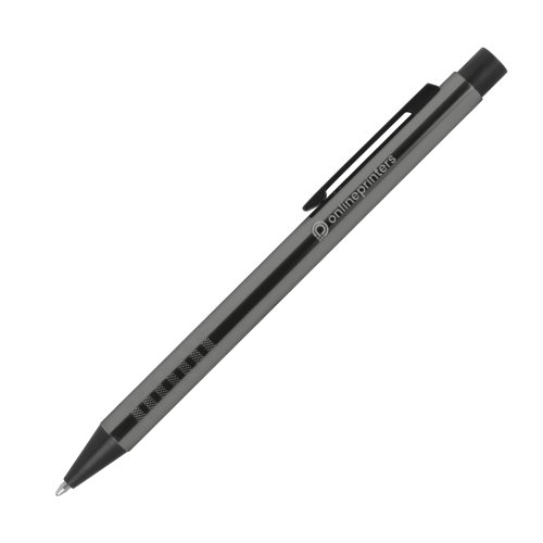 Anthrazitfarbener Metall-Kugelschreiber mit Muster und Clip.
