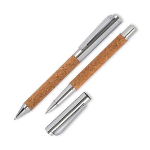 Braunes Kork-Schreibset mit Kugelschreiber und Rollerball.