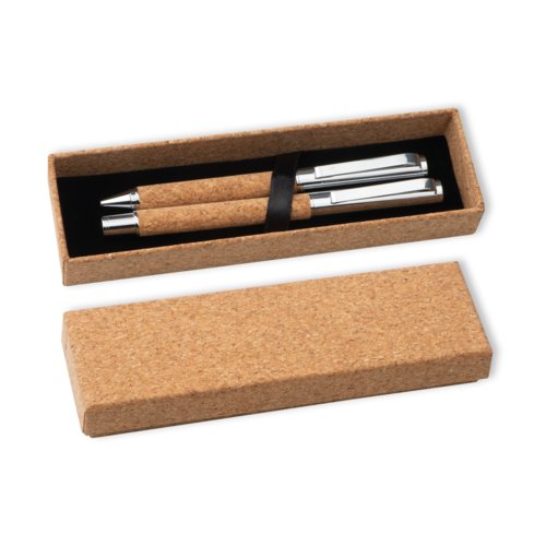 Braunes Kork-Schreibset mit Kugelschreiber und Etui.