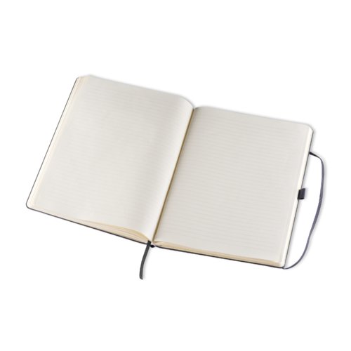 Schwarzes Notizbuch mit Hardcover und Lesezeichen.