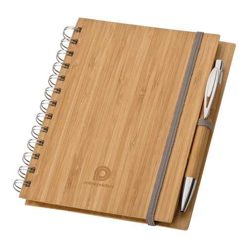 Helles Holz Notizbuch mit Spiralbindung und Gummiband.