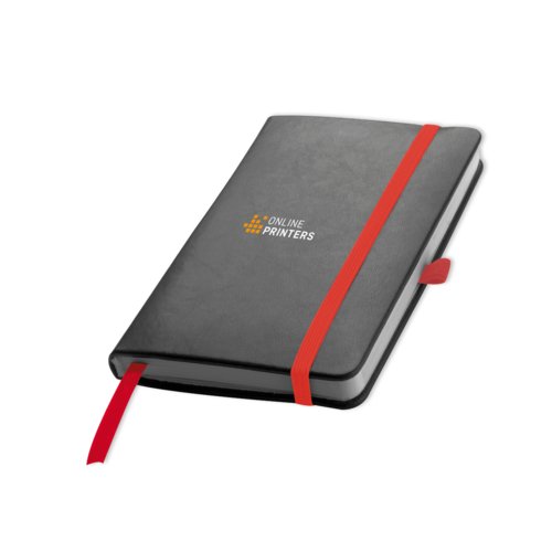 Rotes Notizbuch mit Gummiband und Leseb�ndchen.