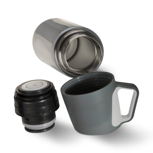 Graue Isolierflasche aus Metall mit abnehmbarem Becher.