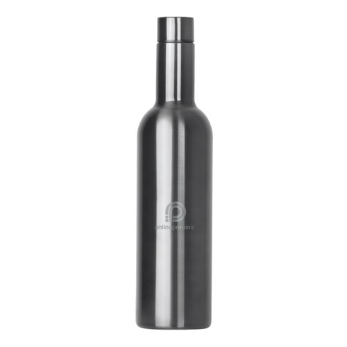 Graue Thermosflasche aus Metall mit Schraubverschluss.