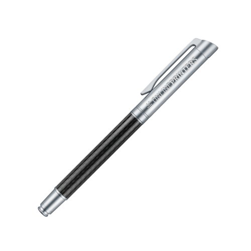 Silberner Metall-Rollerballstift mit Carbon-Elementen und Clip.