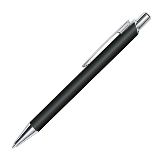 Schwarzer Kugelschreiber mit Druckmechanik und Soft-Touch-Oberfl�che.
