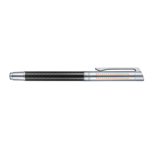 Metallfarbener Rollerball mit Carbon-Elementen und Clip.