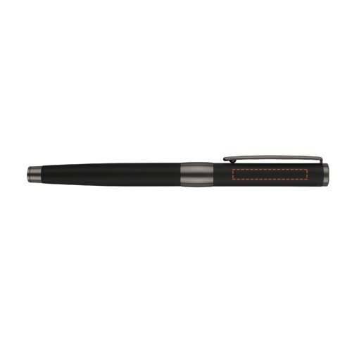 Schwarzer Rollerballstift mit Metallelementen und Clip.