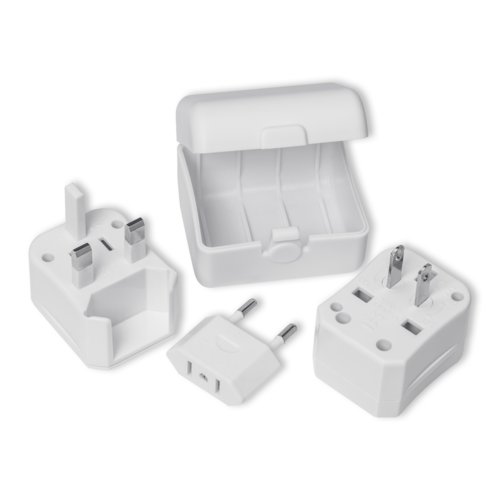 Weier Reiseadapter aus Kunststoff mit verschiedenen Steckertypen und Aufbewahrungsbox.