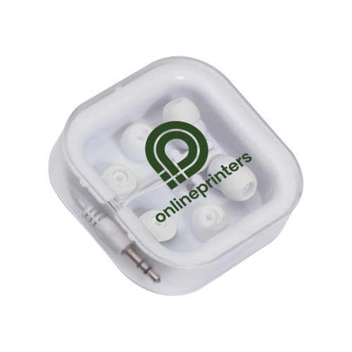 Weie Kopfhrer mit Kabel und Aufbewahrungsbox.