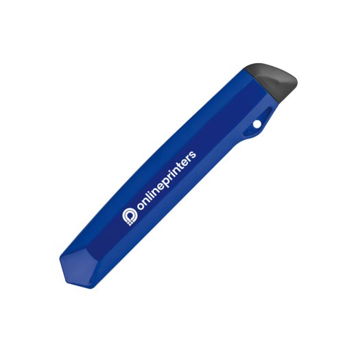 Blaues Kartonmesser mit Klingenschutz und Muster.