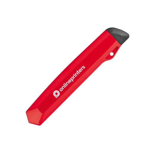Rotes Kunststoff-Messer mit ausfahrbarer Klinge und Muster.
