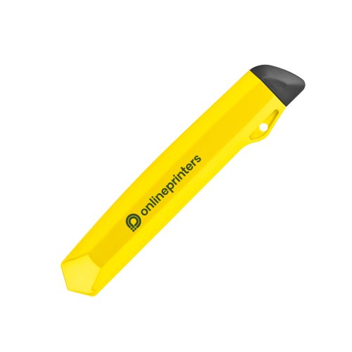 Gelbes Kartonmesser mit Klinge und Schieber.