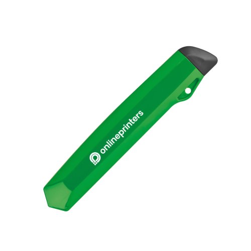Grnes Kunststoff Kartonmesser mit Klingenschutz.