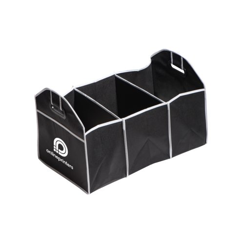 Schwarze Kofferraumtasche aus Filz mit Fchern und Tragegriffen.