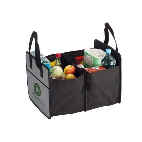 Graue Kofferraumtasche aus Stoff mit Fchern und Tragegriffen.
