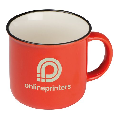 Rote Keramik Tasse im Retro-Design mit Henkel.