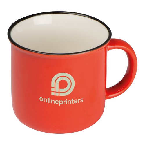 Rote Keramik Tasse im Retro-Design mit Henkel.